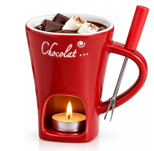 HERRITUAL candle-warmed chocolate fondue mug in red, with tealight and dipping fork