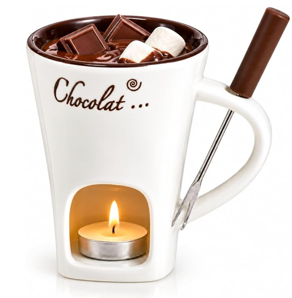 HERRITUAL candle-warmed chocolate fondue mug in white, with tealight and dipping fork