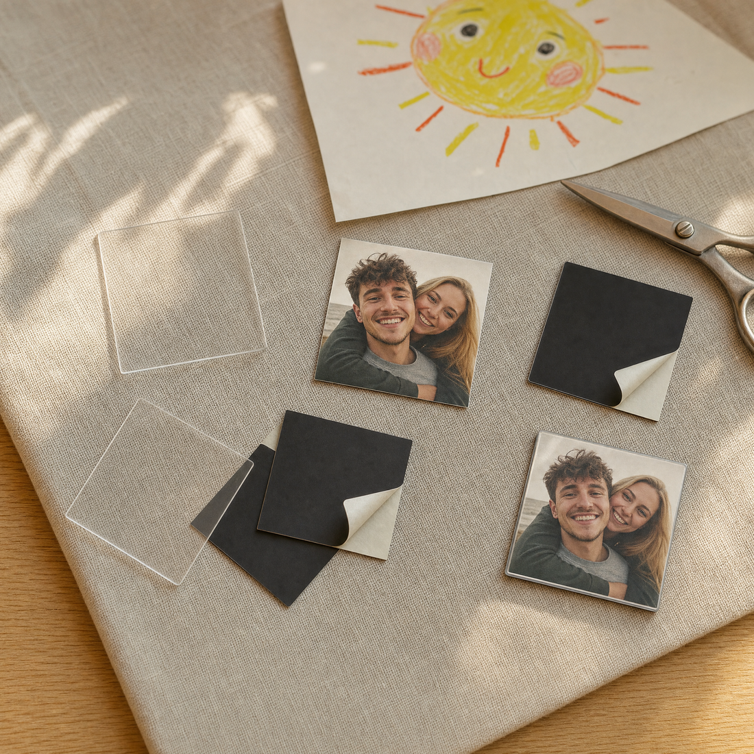 A closer look at the clear square covers, magnetic backings and paper photos