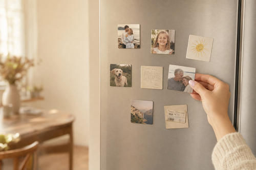 A collection of personal handmade photo magnets displayed in a warm family kitchen