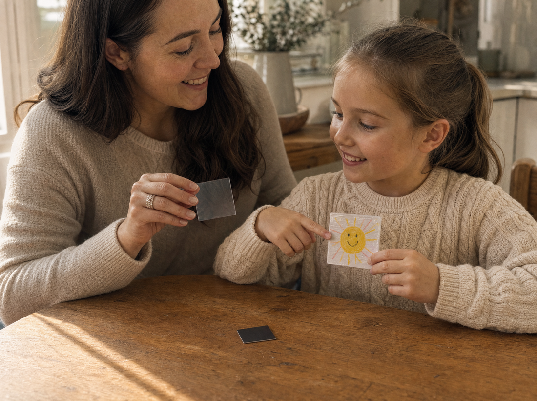 A mother and daughter using a small photo magnet craft kit together