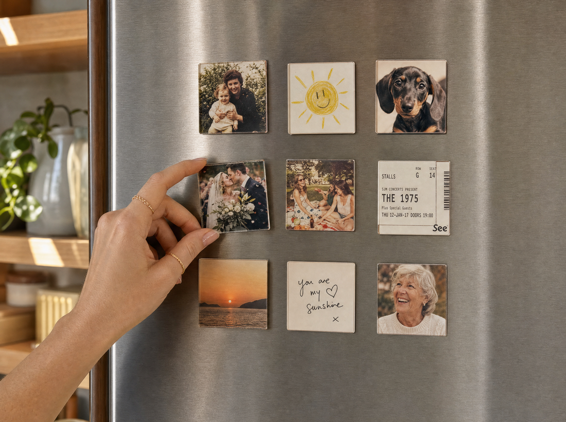 Finished square photo magnets displaying photographs and keepsakes